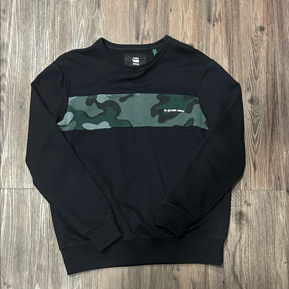 G-Star Men's Black Sweater with Green Camouflage Accent